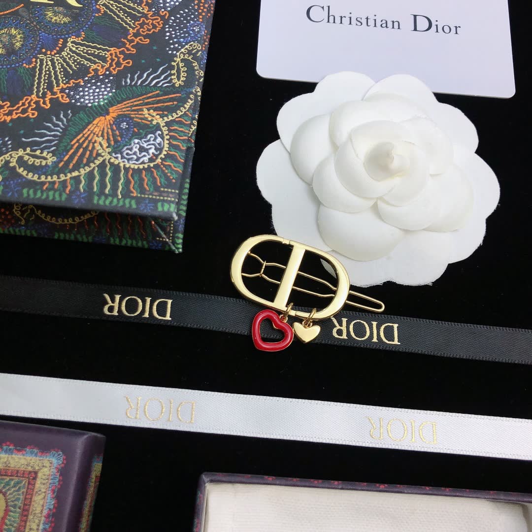 Dior Gold Tone Hair Clip with Red Heart Charm